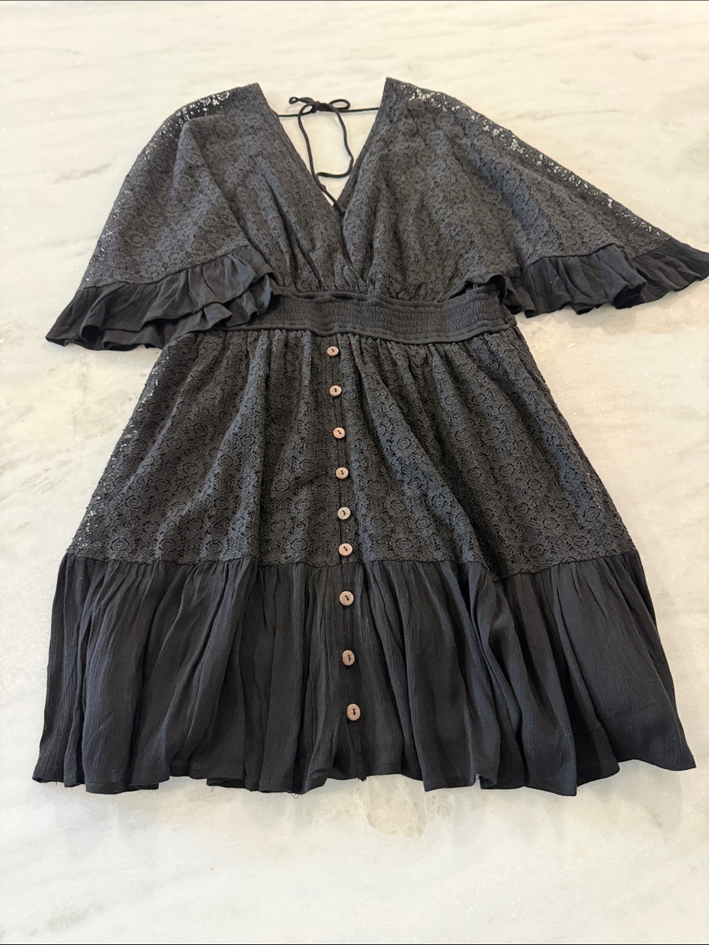 Black Lace & Ruffle Button-Front Dress